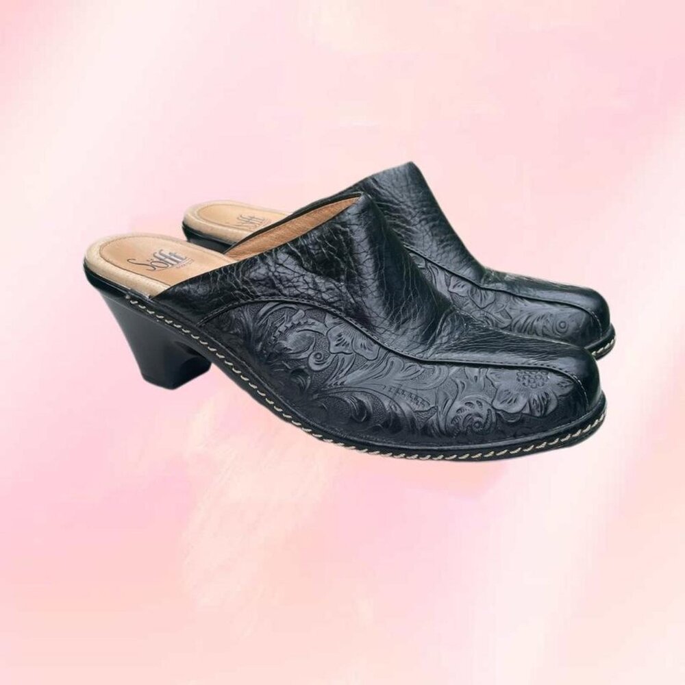 Sofft black leather clogged slip on mules